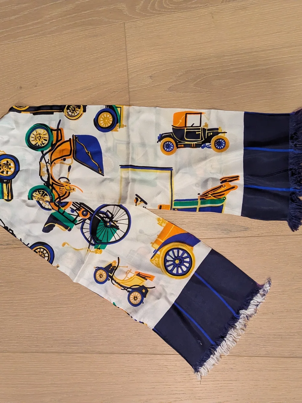 Silk-Feel Printed Car Motif Scarf - Navy, White, Gold